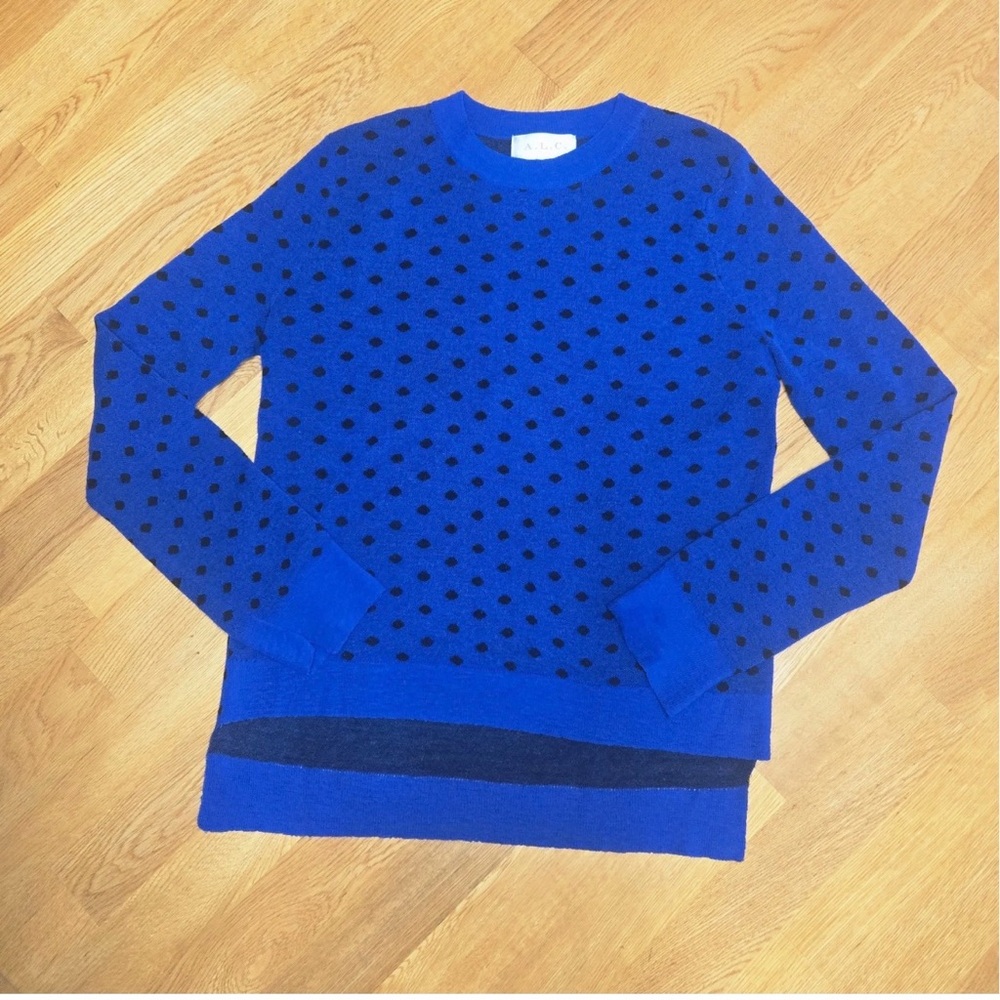 A.L.C. Wool Crewneck Sweater Size Large Polka Dot Lightweight Blue-Black